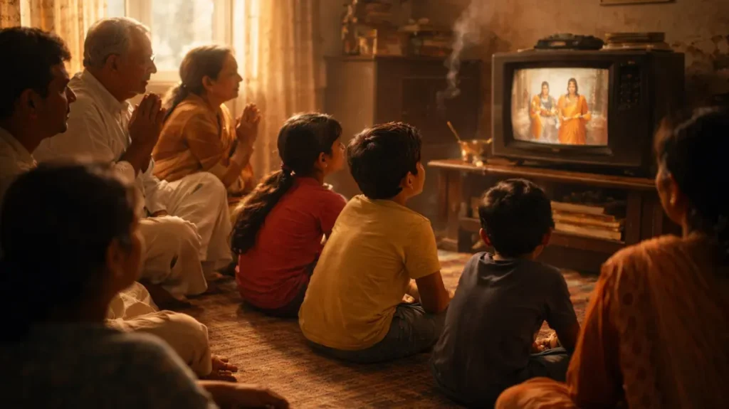 पुराने टीवी के सामने बैठा परिवार पौराणिक कहानी देखते हुए, बचपन की यादों भरा सुकून वाला लम्हा