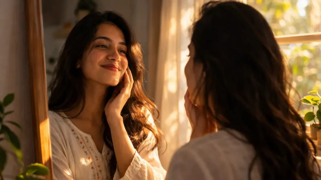 आईने के सामने बैठी एक लड़की अपनी असली सूरत को मुस्कुराकर देखती हुई