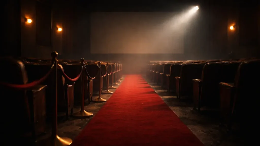 खाली सिनेमा हॉल में फैला रेड कार्पेट, घटती रौशनी का मंज़र