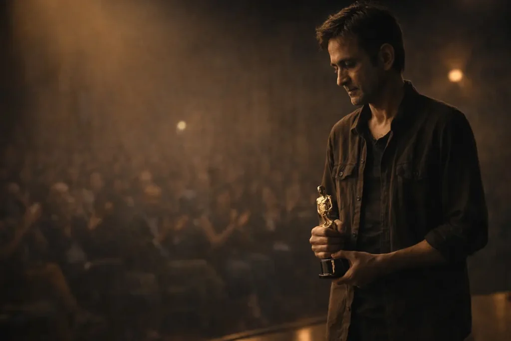 रोशनी भरे मंच पर ट्रॉफी के साथ खड़ा एक संजीदा अभिनेता