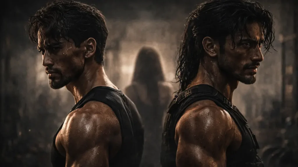 पीठ मोड़कर खड़े दो दुश्मन एक्शन किरदार, बीच में धुंधली हसीना की परछाईं