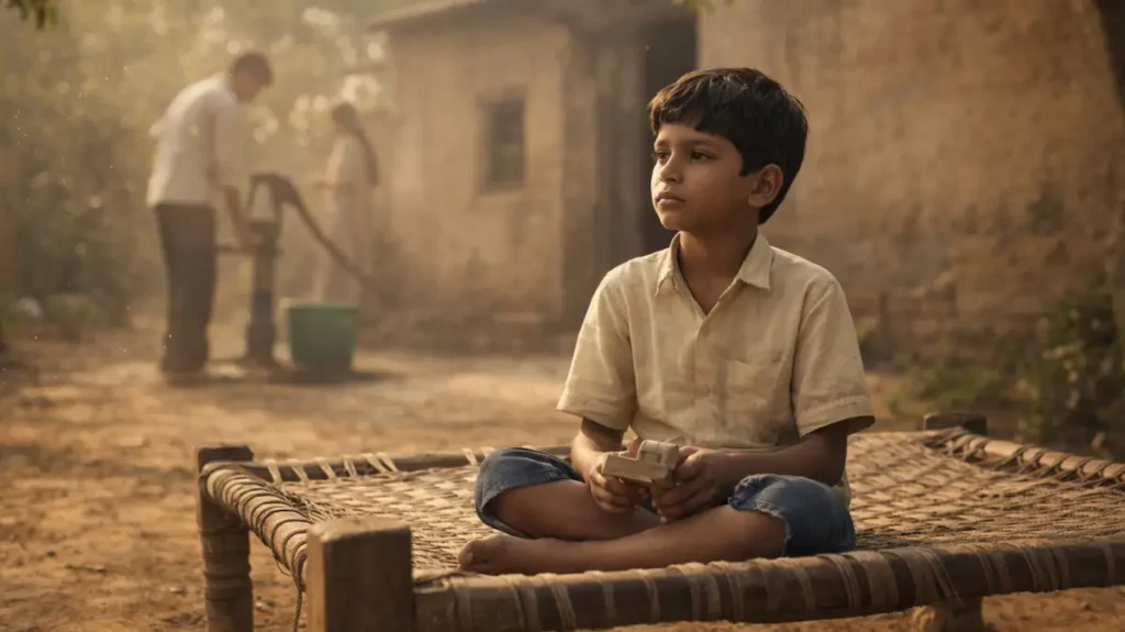 मिट्टी के आँगन में बैठा एक बच्चा, सादगी और खामोश सोच की झलक