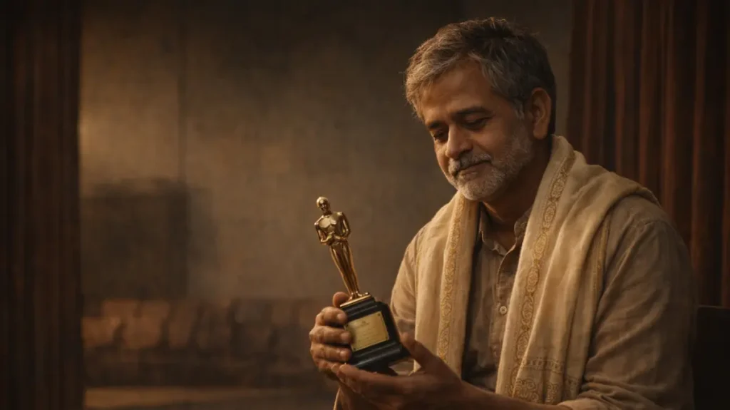 सम्मान स्वीकार करते गंभीर भाव में बैठे अनुभवी अभिनेता का सिनेमैटिक चित्र