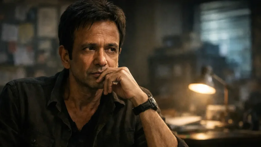 गंभीर नज़र के साथ सोच में डूबा एक अभिनेता