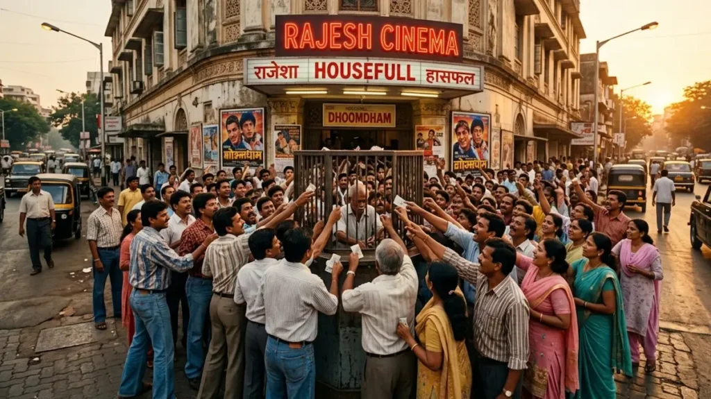 सिंगल स्क्रीन सिनेमा हॉल के बाहर टिकट के लिए उमड़ती भीड़