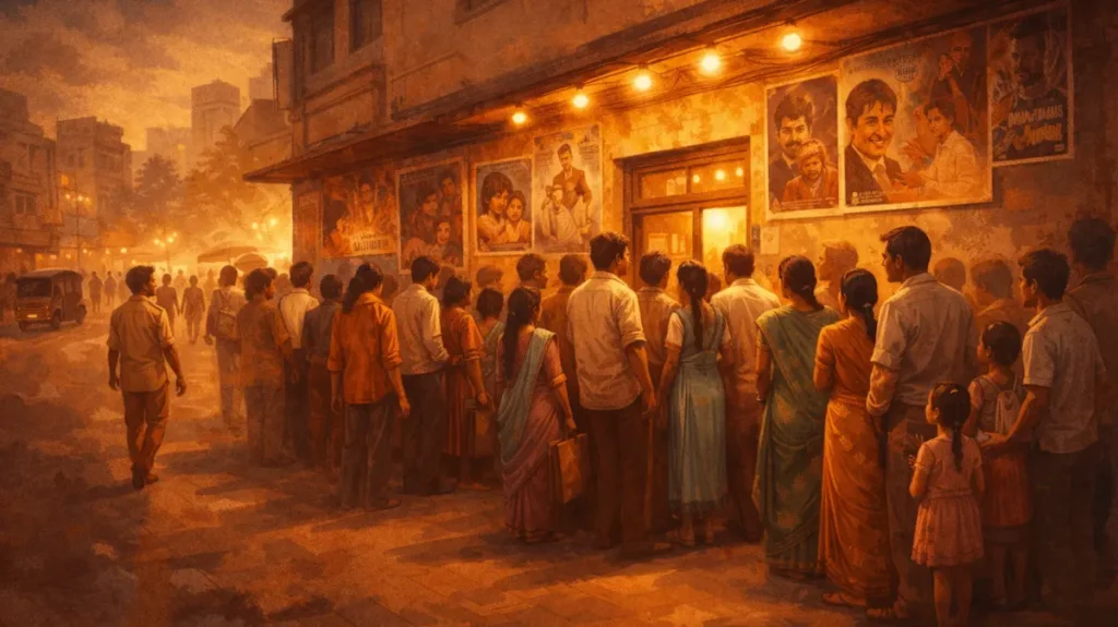 1980 के दशक में साउथ सिनेमा का उभार दर्शाती सिनेमाघरों की भीड़