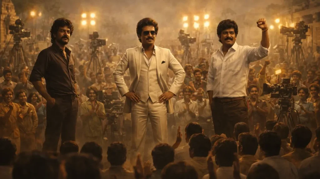 दर्शकों की भीड़ के सामने खड़े दक्षिण सिनेमा के लोकप्रिय सितारे