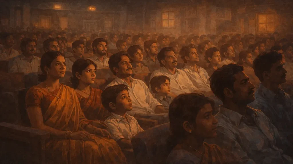 पुराने सिंगल-स्क्रीन सिनेमा हॉल में बैठी भीड़, परदे की रौशनी में नहाए चेहरे और ख़ामोश जुड़ाव