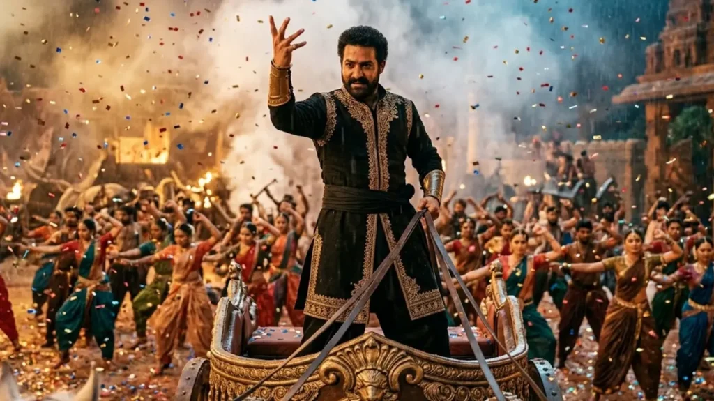 रथ पर खड़ा दमदार हीरो और पीछे जश्न में झूमते कलाकार