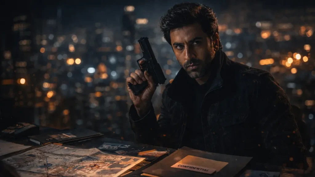 रात के शहर में हथियार थामे जासूस