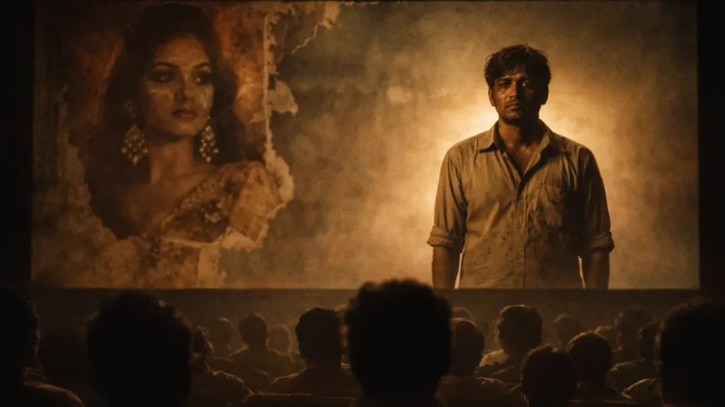 सिनेमा स्क्रीन पर साधारण हीरो और पीछे धुंधला स्टार पोस्टर, कहानी की अहमियत दिखाता मंजर