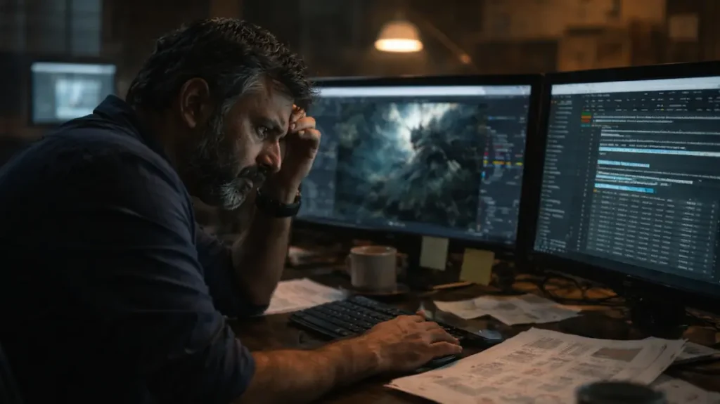 देर रात दबाव में काम करता वीएफएक्स सुपरवाइज़र