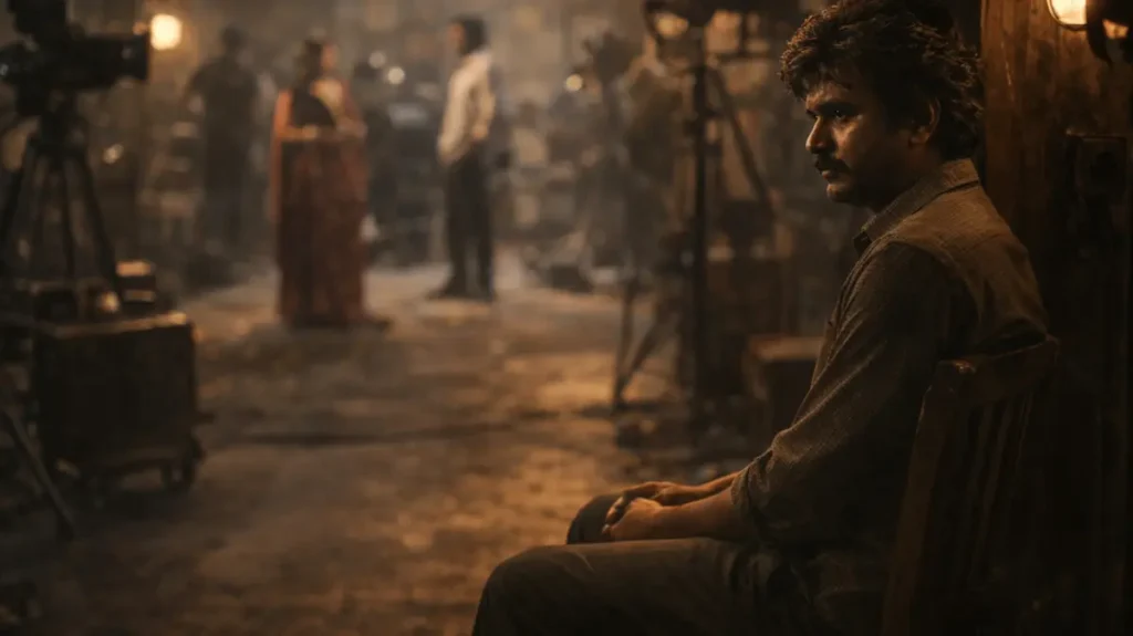 फिल्म सेट के किनारे खामोशी से बैठा सोच में डूबा एक नौजवान अदाकार