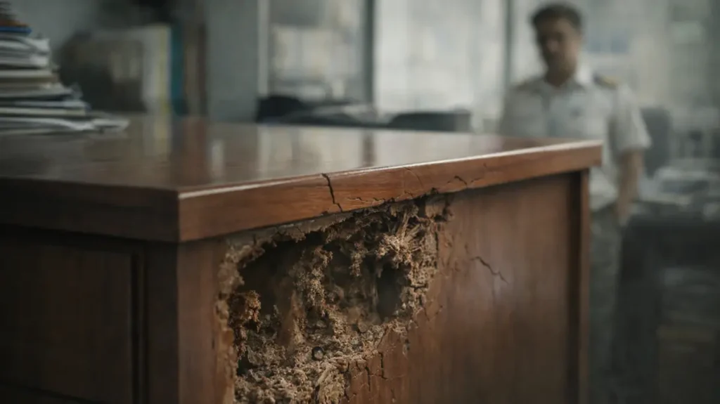 साफ़ दिखने वाली मेज़ के अंदर दीमक से सड़ा हुआ ढांचा उजागर होता हुआ