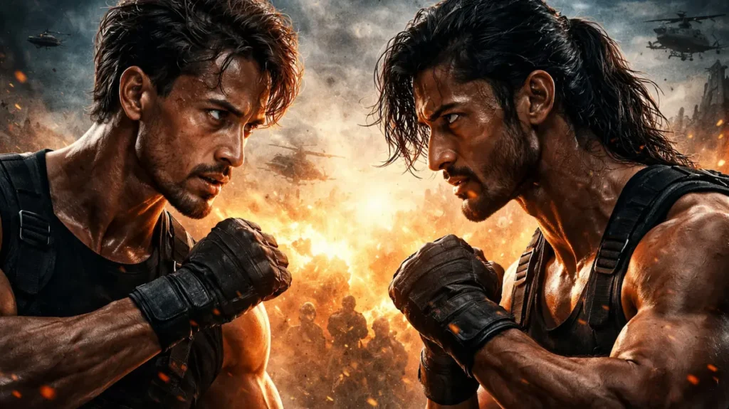 आग के उजाले में आमने-सामने खड़े दो ताक़तवर एक्शन हीरो, मुट्ठियाँ भींचे हुए, नज़रों में टकराव और जिस्म पर जंग की थकान साफ़ झलकती हुई।