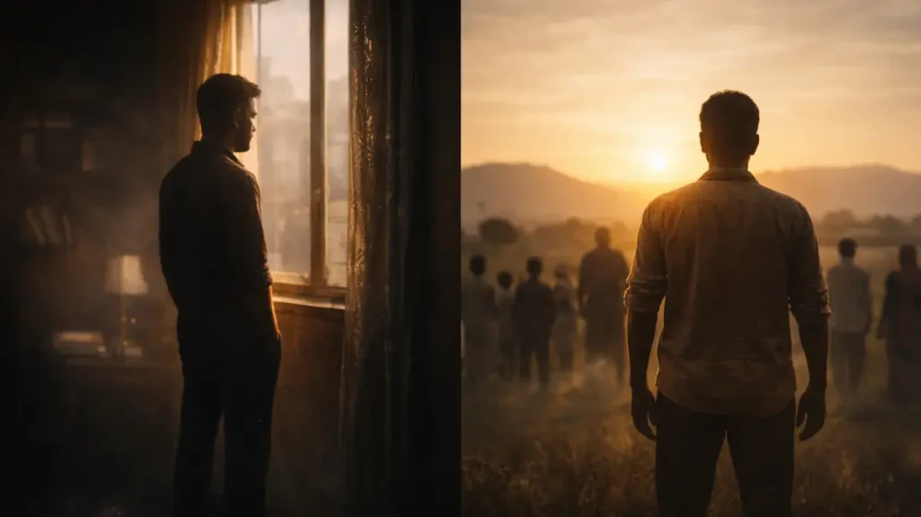 एक तरफ़ खिड़की के पास अकेला शहरी किरदार, दूसरी तरफ़ खुले मैदान में लोगों के साथ खड़ा आदमी