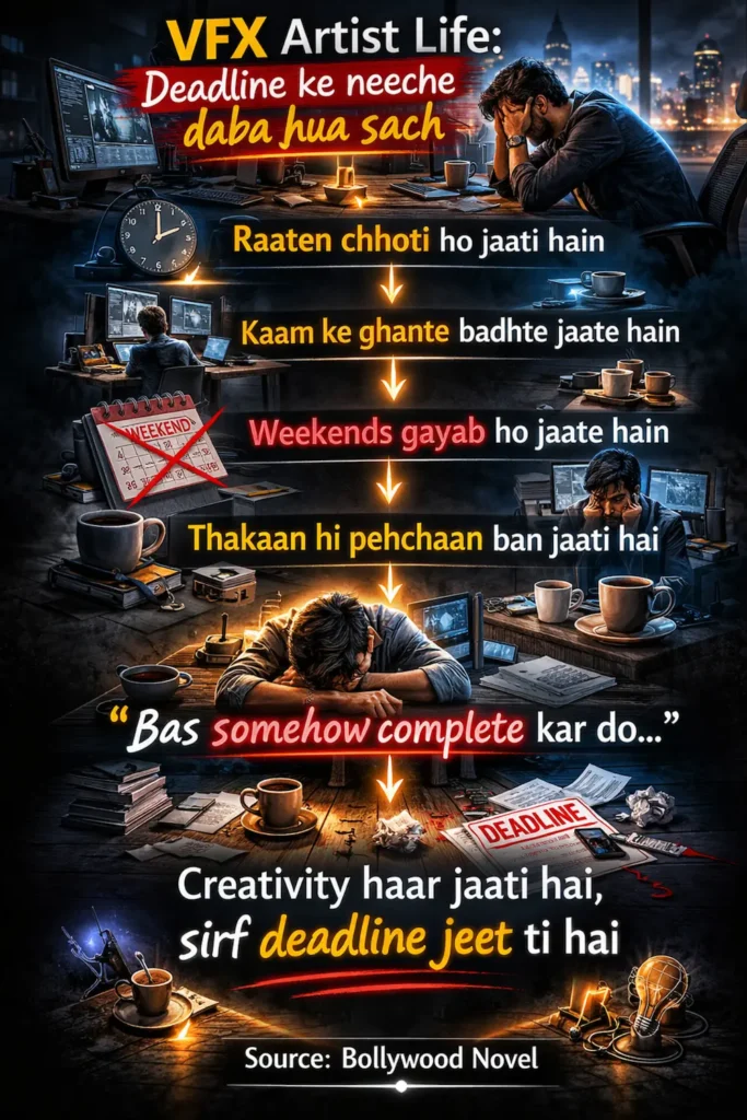 थका हुआ वीएफएक्स आर्टिस्ट रात में स्क्रीन के सामने काम करता हुआ