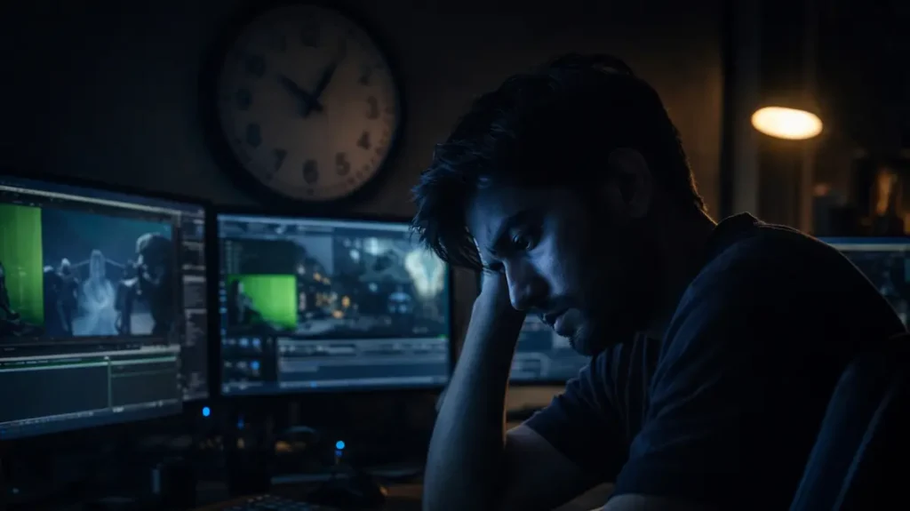 रात के सन्नाटे में काम करता थका हुआ वीएफएक्स आर्टिस्ट और स्क्रीन की नीली रोशनी