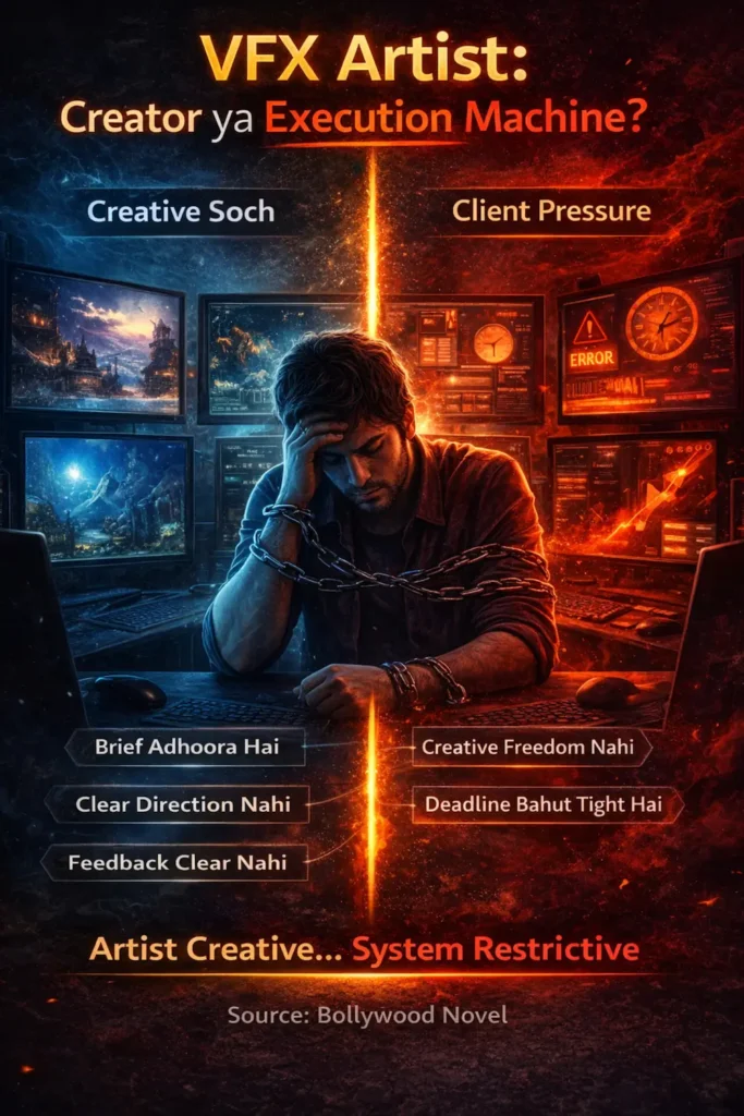 थका हुआ वीएफएक्स आर्टिस्ट दबाव और उलझन में काम करता हुआ मंज़र