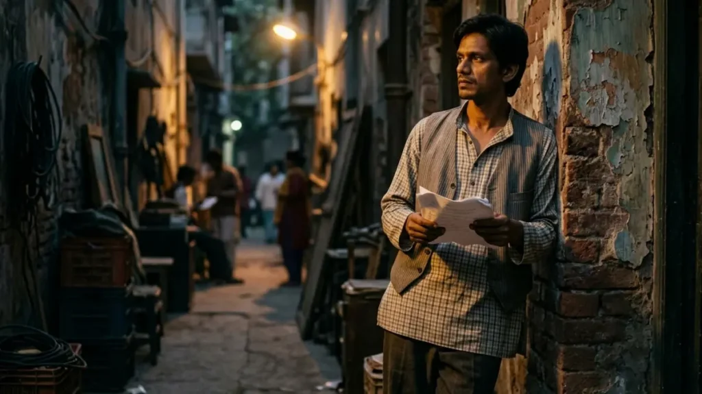 पुरानी गली में खड़ा एक संघर्षरत कलाकार अपनी किस्मत बदलने वाले मौके का इंतज़ार करता हुआ