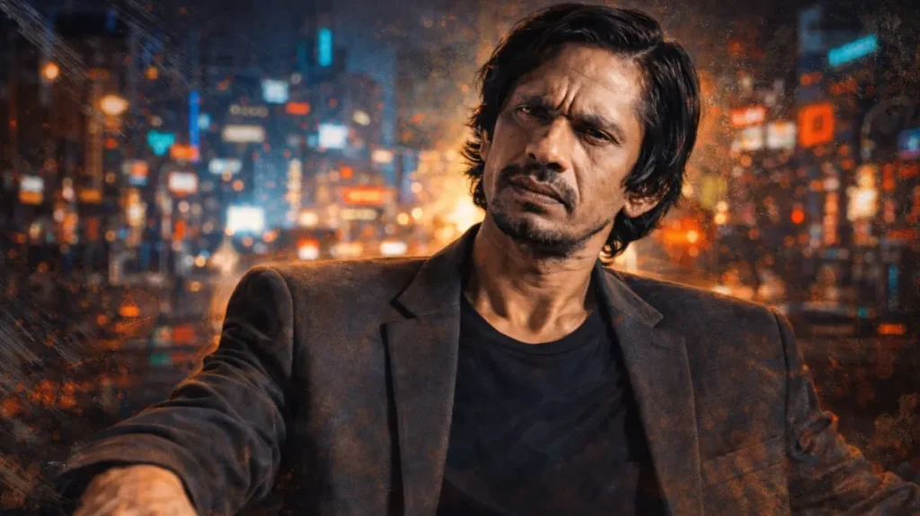 शहरी रात के बैकग्राउंड में विजय राज़ का सिनेमैटिक पोर्ट्रेट