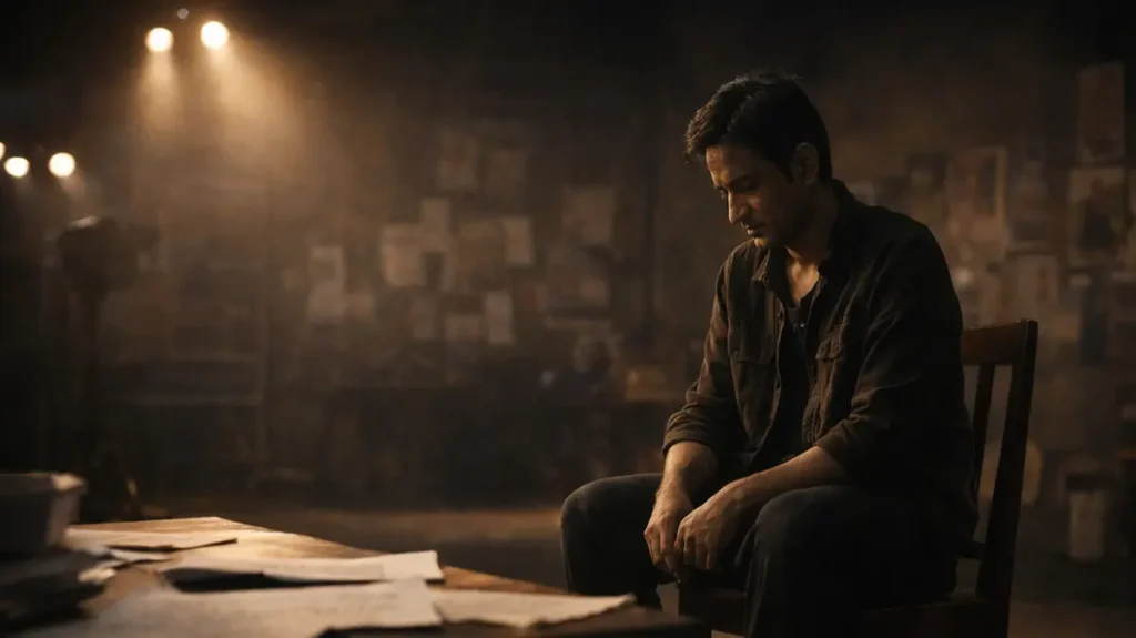 मद्धम रोशनी में स्क्रिप्ट के साथ सोच में डूबा एक अभिनेता