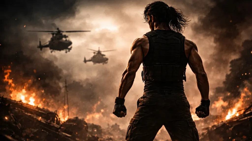 जंग से तबाह माहौल में अकेला खड़ा एक्शन हीरो, पीछे उड़ते हेलिकॉप्टर