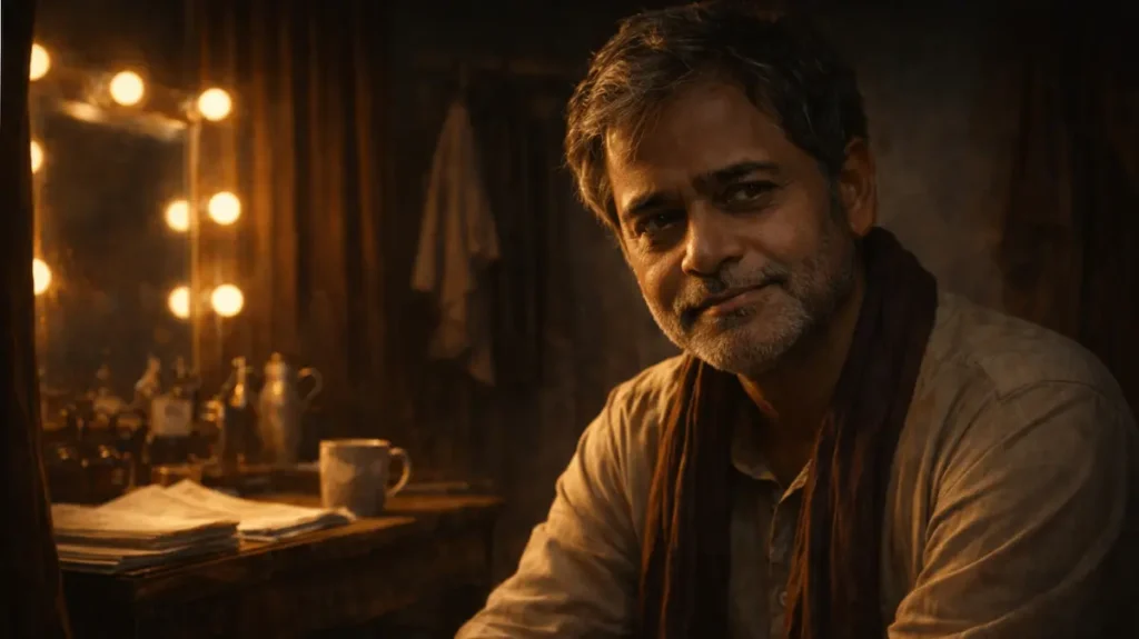 बैकस्टेज में बैठा एक युवा भारतीय अभिनेता