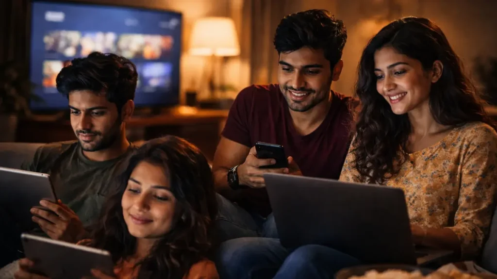 घर के भीतर अलग-अलग डिवाइस पर कंटेंट देखते युवा दर्शक
