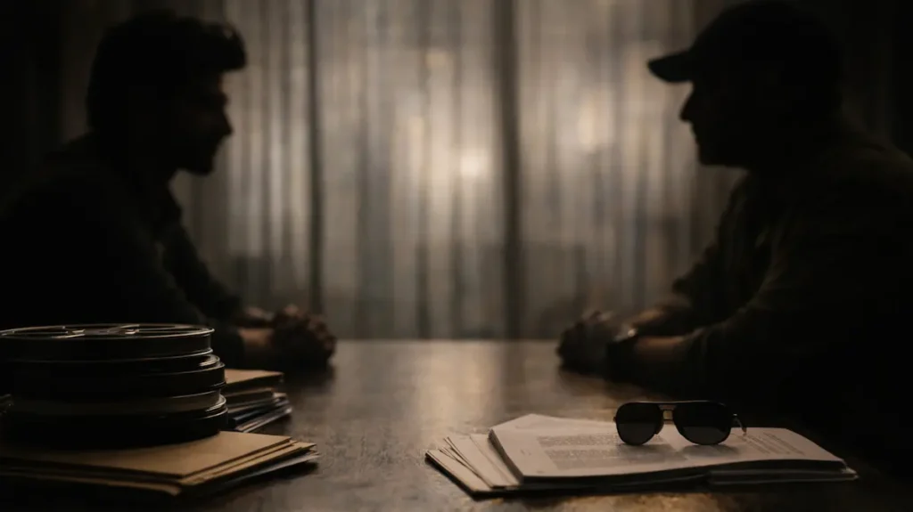 टेबल के दोनों ओर बैठे दो लोग, बीच में फ़िल्म से जुड़ा सामान