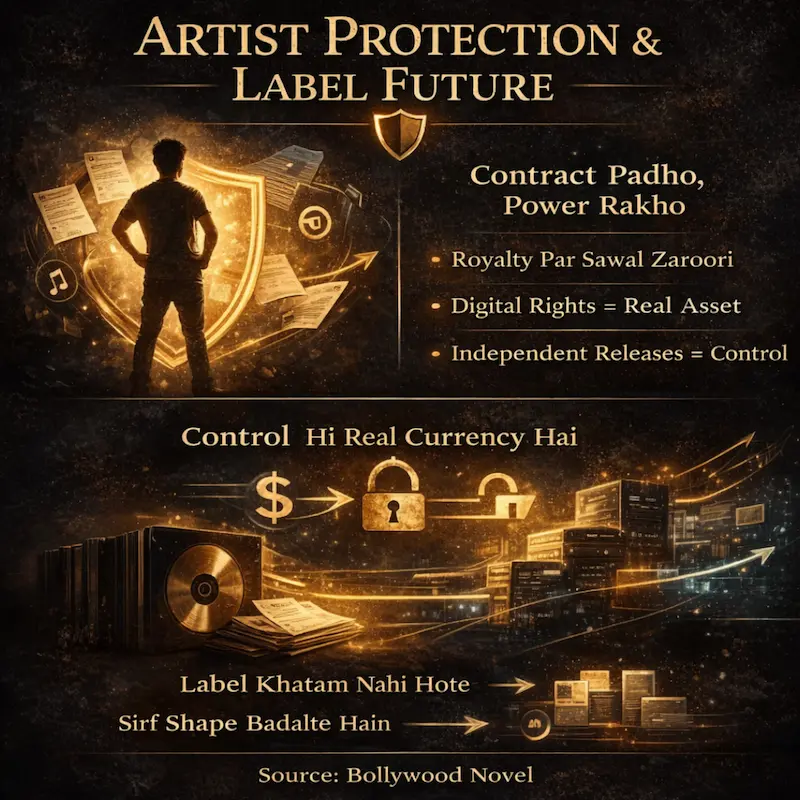 डार्क बैकग्राउंड में खड़ा आर्टिस्ट, कॉन्ट्रैक्ट और डेटा के बीच अपनी सुरक्षा दर्शाता दृश्य