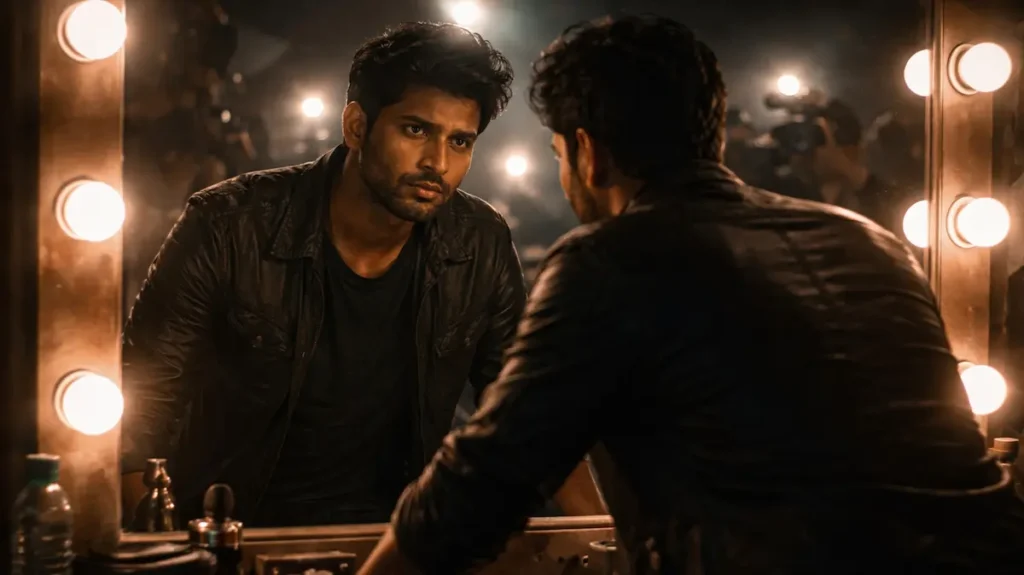 आईने के सामने खड़ा अभिनेता, चेहरे पर दबाव और उलझन