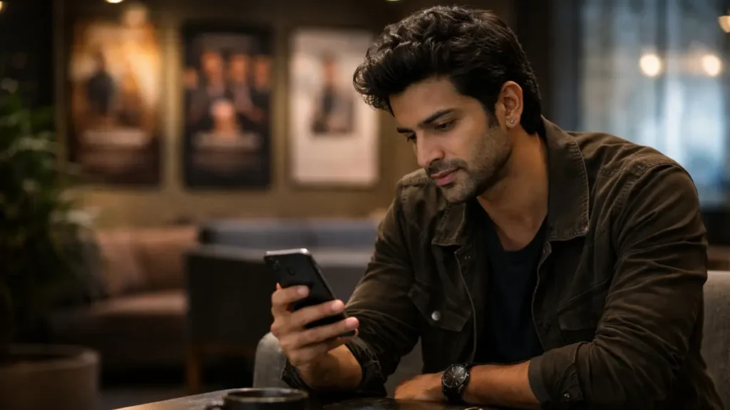 मोबाइल देखते हुए अकेला बैठा बॉलीवुड एक्टर
