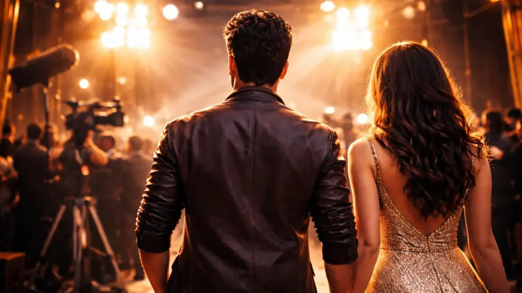 फिल्म सेट पर रौशनी में खड़े दो बॉलीवुड एक्टर्स