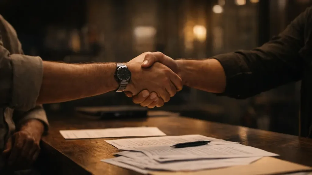 कॉन्ट्रैक्ट के ऊपर हाथ मिलाते दो लोग