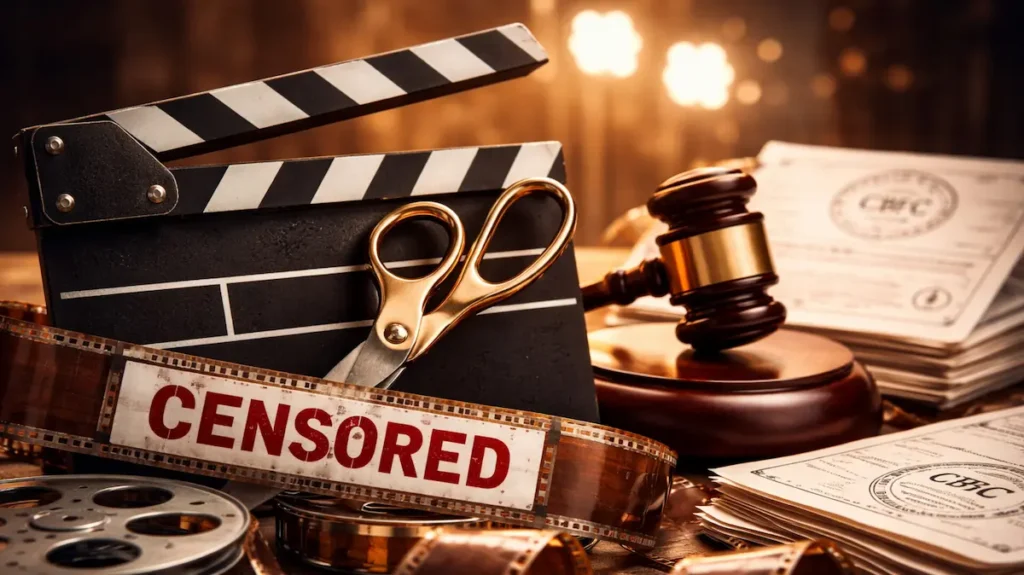 फिल्म क्लैपरबोर्ड, सेंसर का निशान और कानून की निगरानी दिखाता सीन