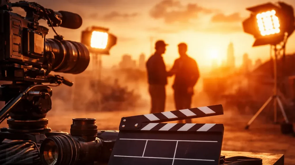 फिल्म सेट पर कैमरा, क्लैपरबोर्ड और रौशनी में खड़े दो लोग