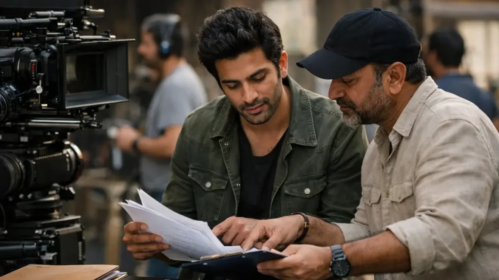 फिल्म सेट पर काग़ज़ात देखते एक्टर और प्रोड्यूसर
