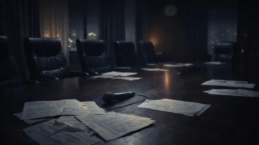 खाली बोर्डरूम में बिखरे काग़ज़ और बेकार पड़ा माइक्रोफ़ोन