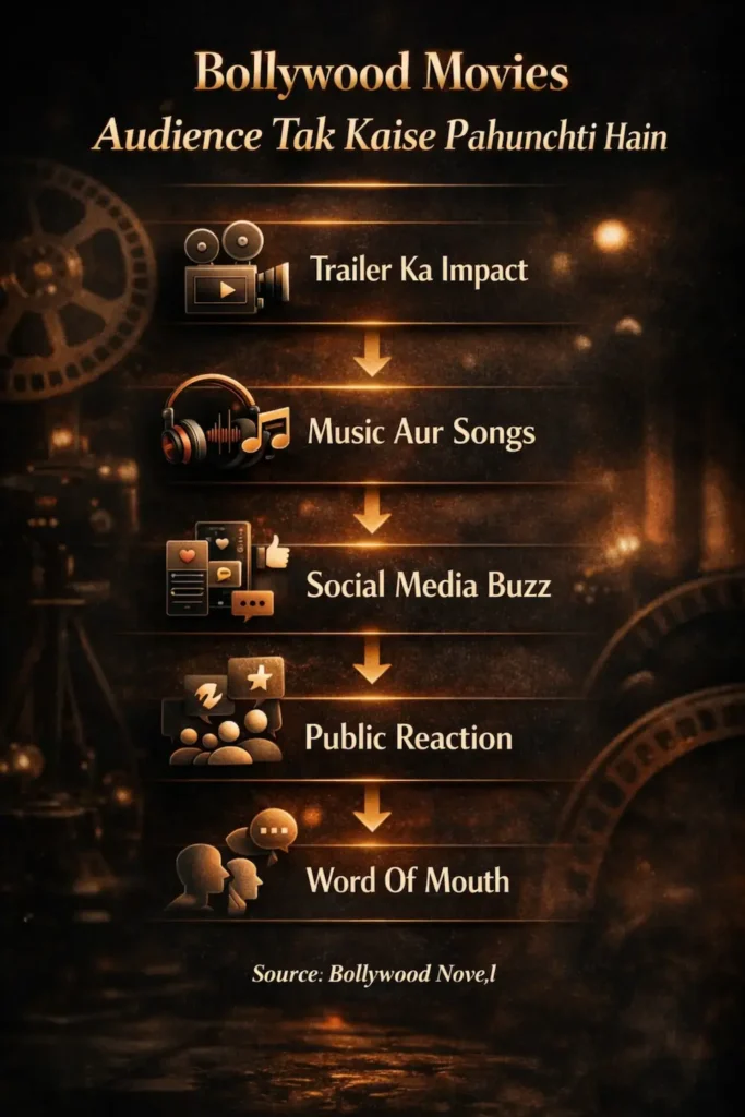 बॉलीवुड फ़िल्मों के दर्शकों तक पहुँचने की प्रक्रिया दिखाता सिनेमैटिक इन्फ़ोग्राफ़िक