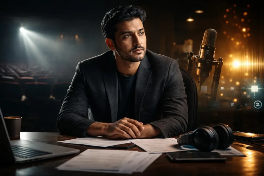 म्यूज़िक स्टूडियो में बैठा फ़िल्म प्रोड्यूसर, सामने काग़ज़ात और हेडफ़ोन रखे हुए