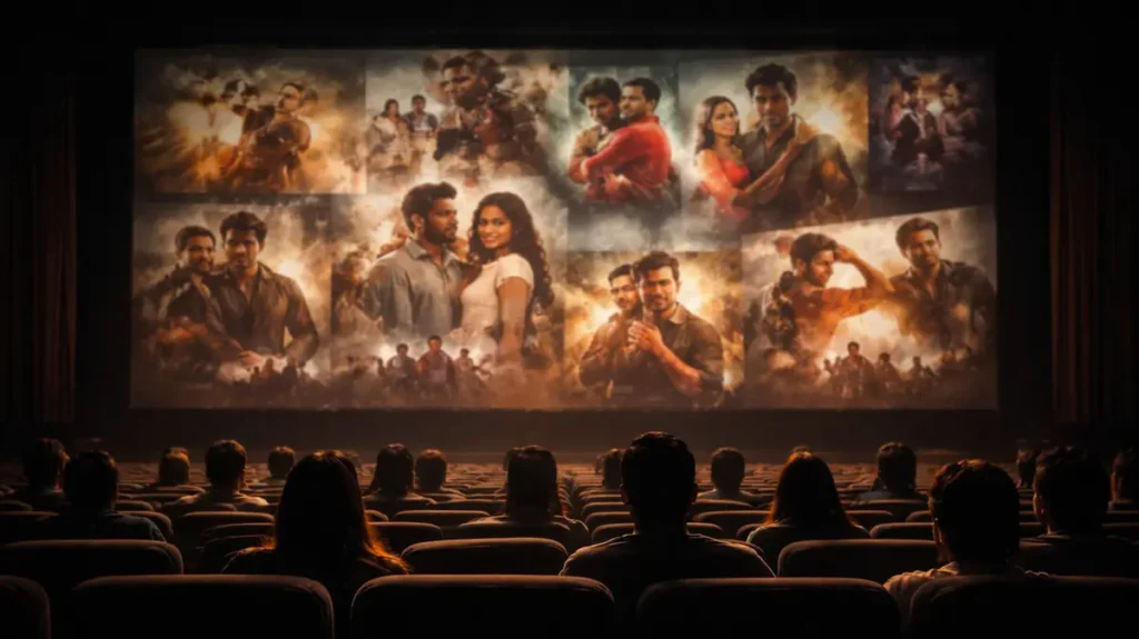 सिनेमा हॉल में परदे पर मिलती-जुलती बॉलीवुड फ़िल्मी तस्वीरें