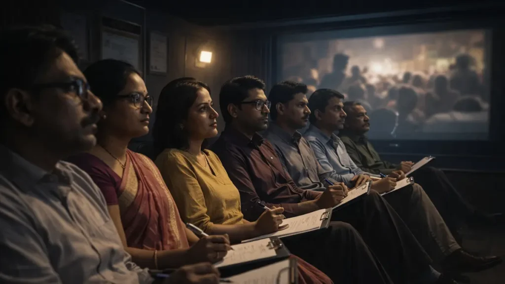 फ़िल्म देखते हुए एग्ज़ामिनिंग कमेटी के सदस्यों का संजीदा दृश्य