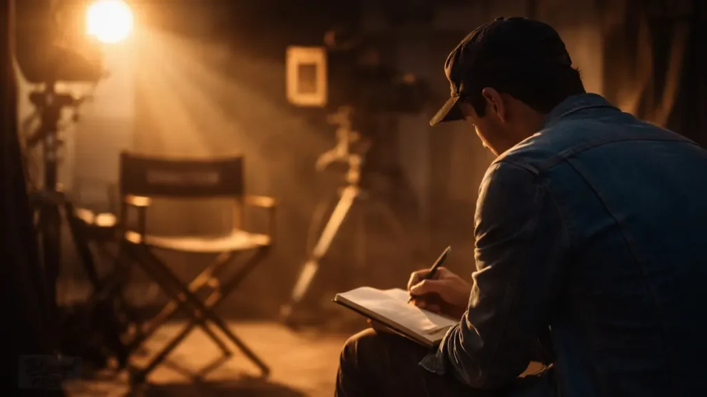 हल्की रोशनी में नोटबुक पर लिखता हुआ अकेला फिल्ममेकर, पीछे ख़ाली डायरेक्टर कुर्सी