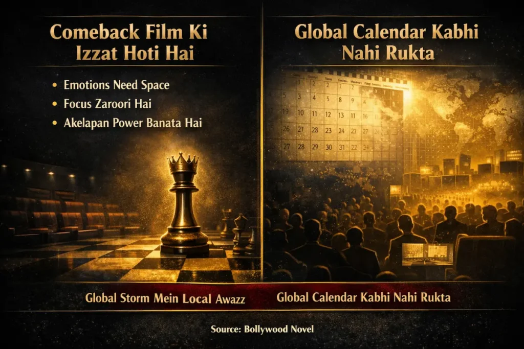 शतरंज की बिसात पर किंग मोहरे और ग्लोबल कैलेंडर के ज़रिये फ़िल्म रिलीज़ रणनीति दिखाता इन्फोग्राफ़िक