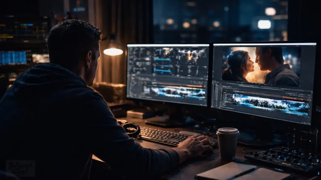 रात में एडिटिंग रूम में दो मॉनिटर पर फिल्म टाइमलाइन देखते प्रोफेशनल एडिटर