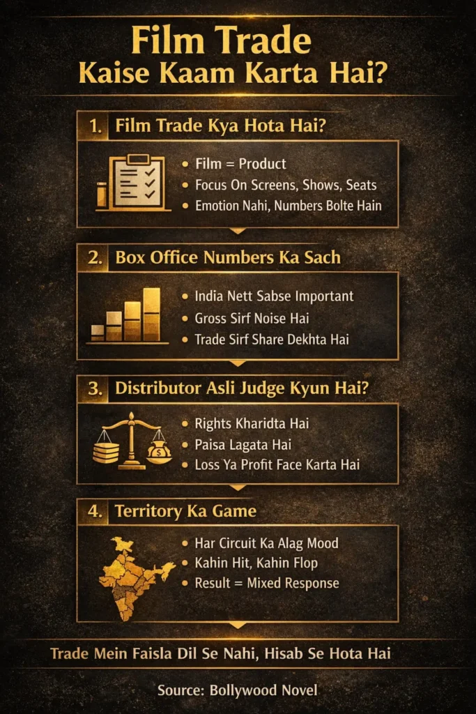 डार्क एडिटोरियल विज़ुअल जिसमें फ़िल्म ट्रेड के स्टेप्स, बॉक्स ऑफिस नंबर, डिस्ट्रिब्यूटर और टेरिटरी सिस्टम को साफ़ तौर पर दिखाया गया है