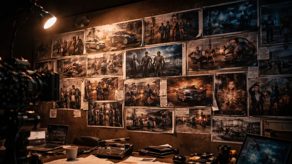 इंडियन स्टूडियो में हॉलीवुड से प्रभावित फ़िल्म स्टोरीबोर्ड दीवार