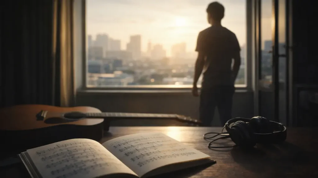 सुबह की नरम रौशनी के पास खड़ा युवा संगीतकार