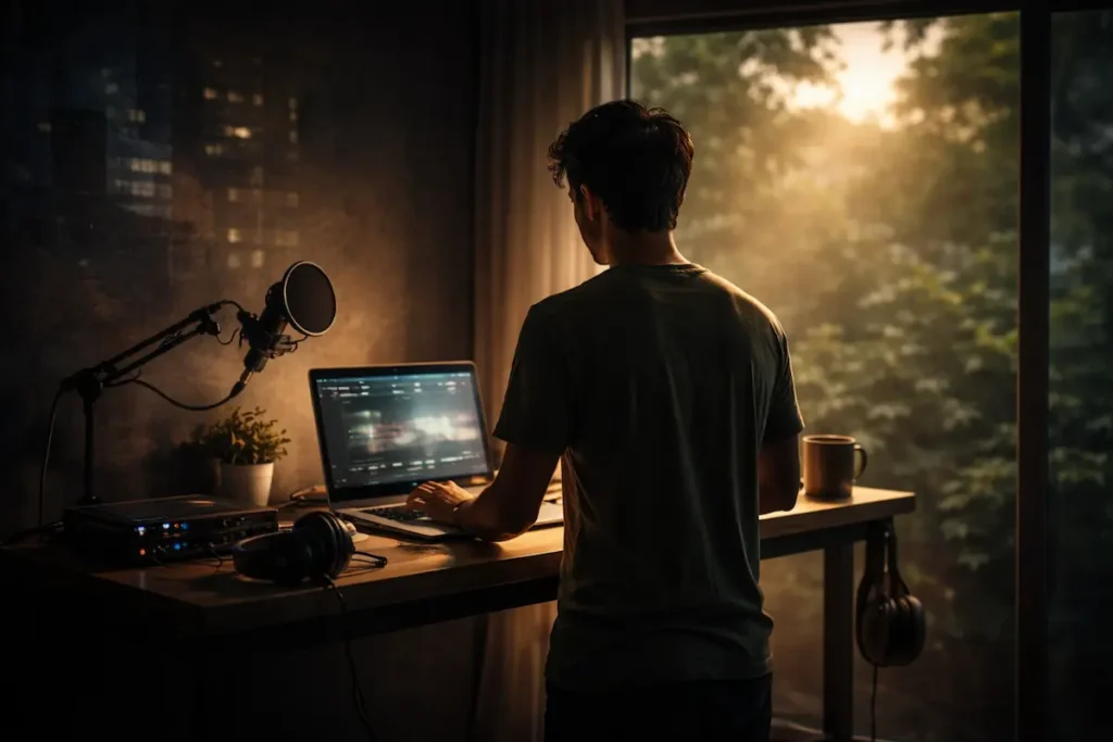 होम स्टूडियो में लैपटॉप के सामने खड़ा इंडिपेंडेंट म्यूज़िक आर्टिस्ट